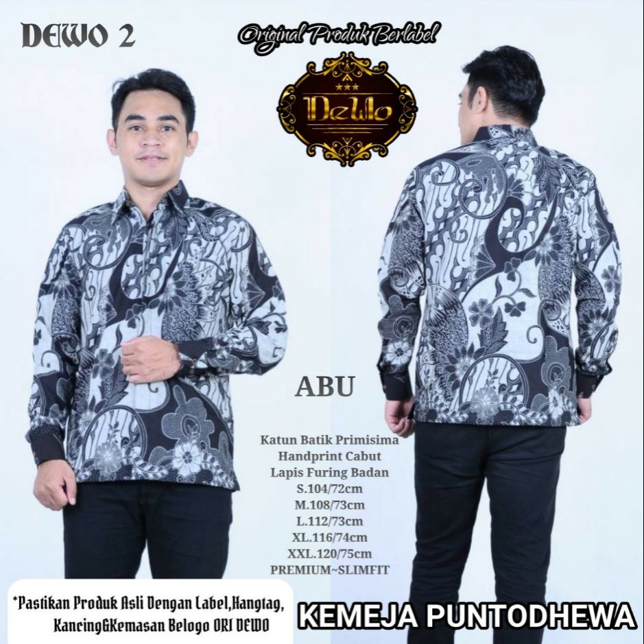 Kemeja Batik Slimfit Exclusive Panjang Baju Batik Slimfit Lengan Panjang Warna Abu PUNTODHEWA