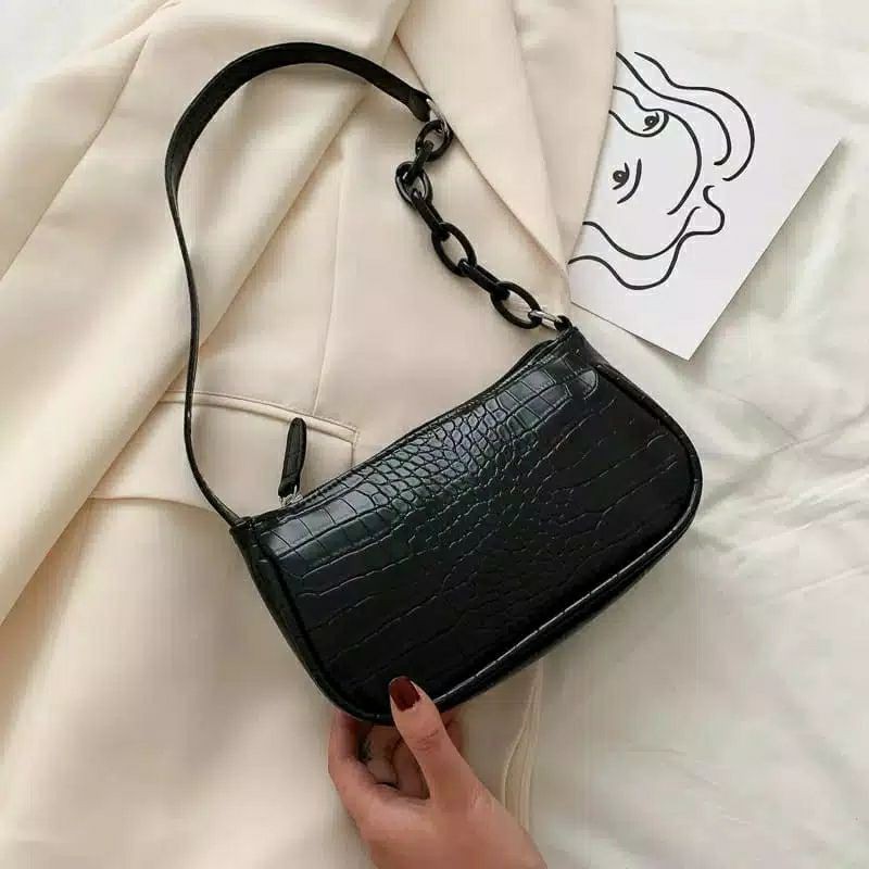 dem_sare / DS1057 - ZELIN CROCO RANTAI CRT Tas shoulder bag wanita vintage croco rantai fashion bags-Hitam