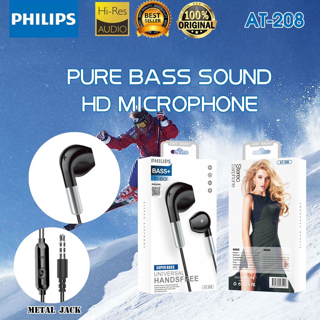 MINIGO Handsfree Headset Earphone Philips AT-208 Transparan Plus Mic Stereo Suara Bagus mega bass