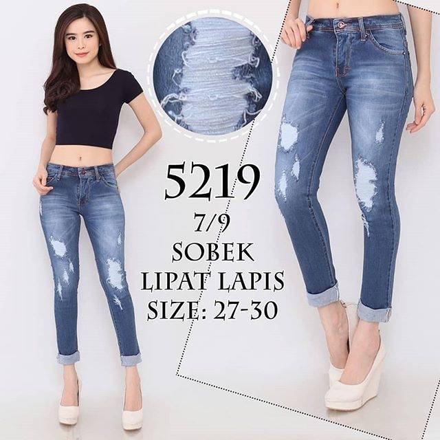 5219 Celana Jeans 7per9 Wanita Sobek lapis bawah lipat