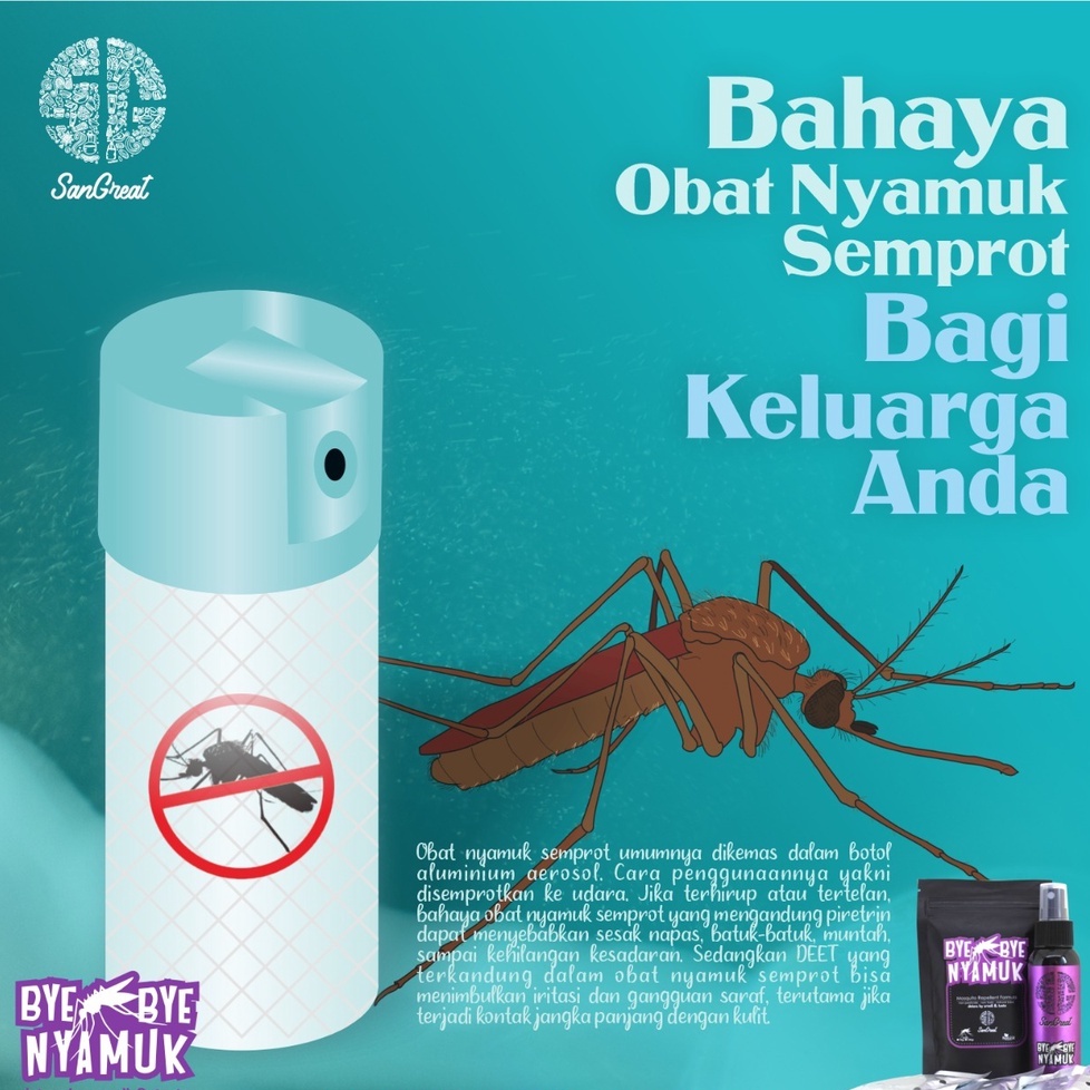 Semprotan anti nyamuk untuk bayu, balita, anak-anak anti nyamuk untuk bayi balita anak-anak  bentuk spray  non pestisida essential oil aman dari SanGreat Bye Bye Nyamuk 250 ml