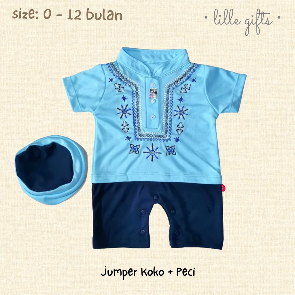 Koko Set - Setelan Baju Muslim Jumper Peci Bayi Laki-Laki - Size 0-12 Bulan - Lillegifts