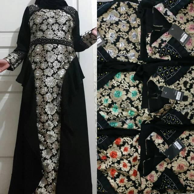 Abaya Pesta Brukat combi jetblack mewah
