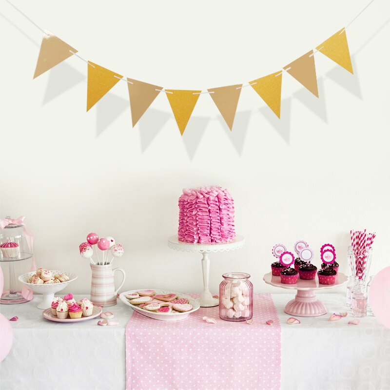 Spanduk Bendera Kertas Glitter Bentuk Segitiga Warna Emas Untuk Dekorasi Pesta Ulang Tahun Pernikahan Baby Shower