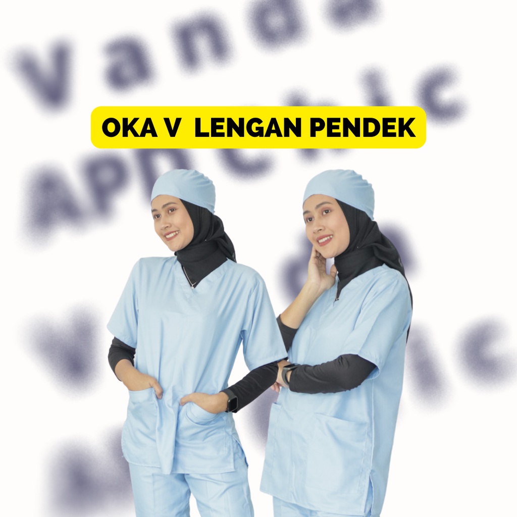 Baju OKA Lengan Pendek  Petugas Medis Plus Topi Model Krah V