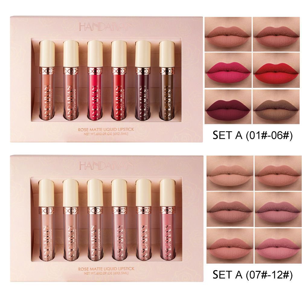 6Dukungan Set Eropa dan Amerika Lip Lacquer Nude Makeup Coklat Kelabu Tua Lipstik Matte Lip Gloss