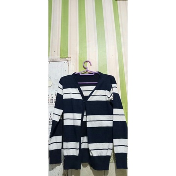 preloved cardigan rajut salur warna navy putih