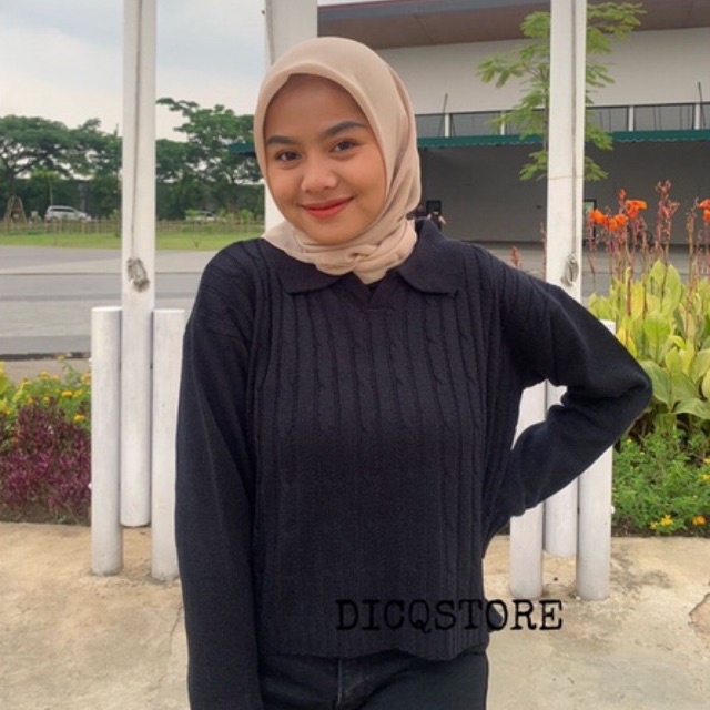 Vania Crop Cable rajut blouse - Atasan wanita Polo Berkerah dan bermotif cable//