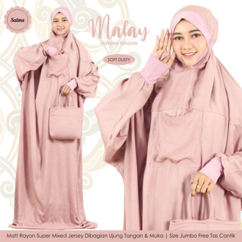 Mukena Terusan Dewasa Malay dengan Jersey di bagian tangan dan muka - mukena terusan kekinian jumbo