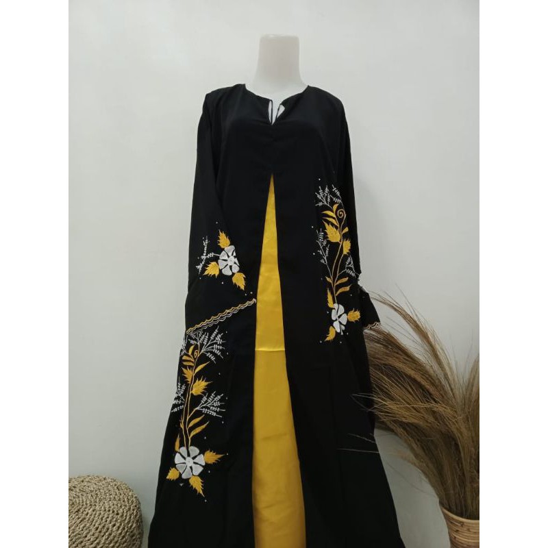 abaya sholat anak arab bahan jet black bordir belah tengah satin ukuran M