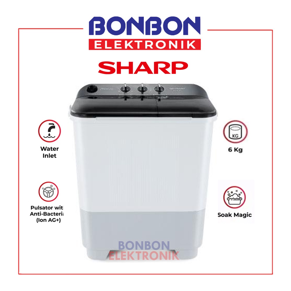 Sharp Mesin Cuci 2 Tabung 6.5KG ES-T65NT-GY / EST 65 NTGY 65NT