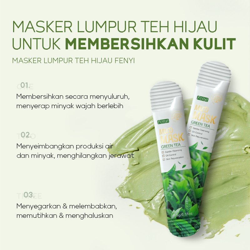 BPOM Fenyi Green Tea Mud Mask Sachet Membersihkan Komedo Mendalam Mud Mask Mengontrol Minyak Jerawat 1pc 5g