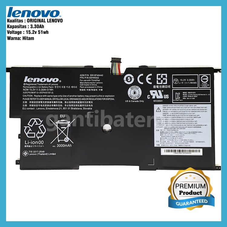 Baterai Lenovo ThinkPad X1 Carbon 2nd Gen 2 45N1701 45N1702