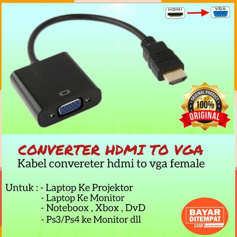 KABEL HDMI TO VGA CONVERTER ADAPTER CABLE MALE TO FEMALE UNTUK LAPTOP KE PROYEKTOR ORIGINAL