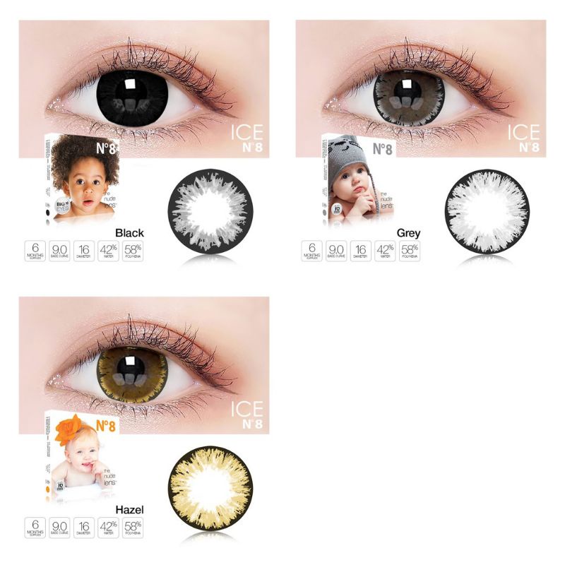 SOFTLENS ICE N8 COLOR NORMAL &amp; MINUS -0.50 sd -2.00 FREE LENSCASE DIA 16 MM BIG EYES  GREY BLACK HAZEL BLUE PINK GREEN BY EXOTICON / N.8 / Softlen Soflen Soflens