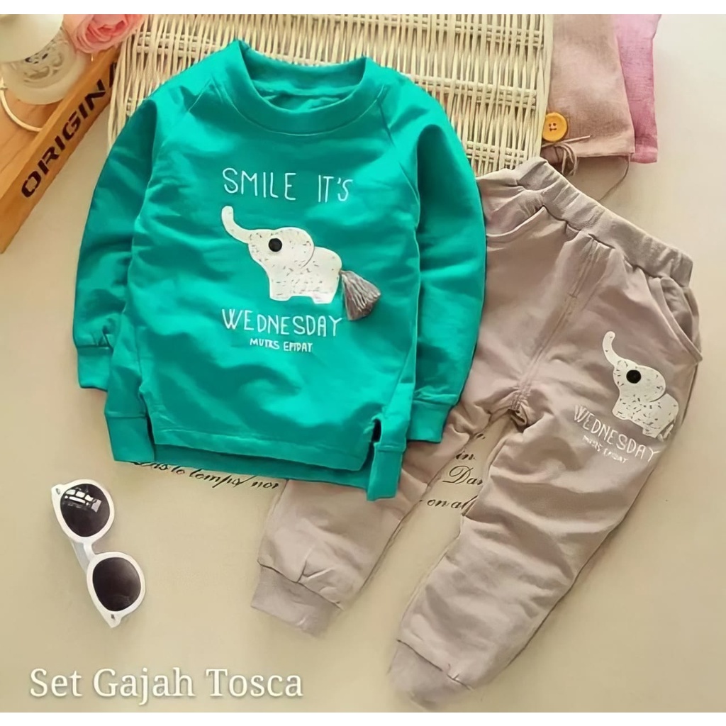 SETELAN JOGER ANAK/SETELAN SWEATER GAJAH BORDIR PILIH WARNA 1-5 TAHUN