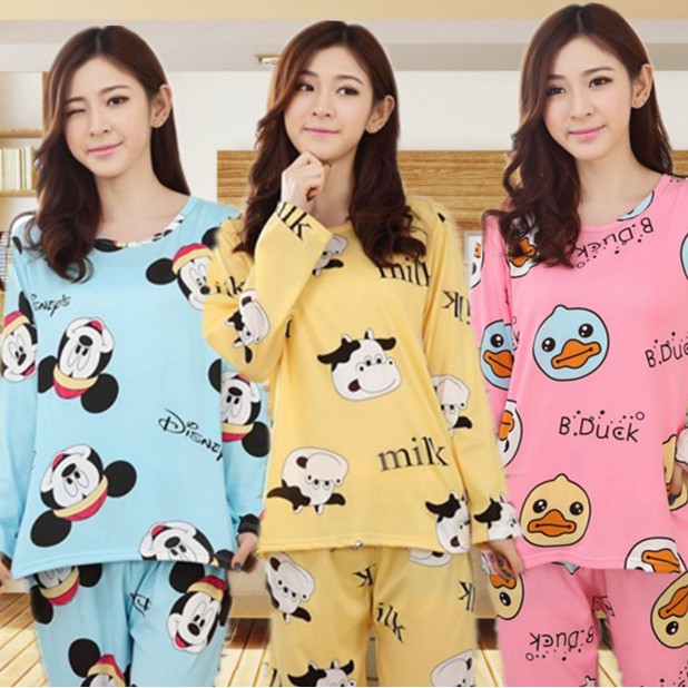 1Set Piyama Wanita Casual Bahan Lembut Gambar Kartun