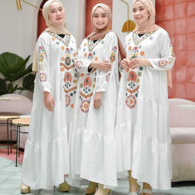 Aisya white dress/gamis putih wanita/gamis bordir cantik/dress lebaran putih wanita
