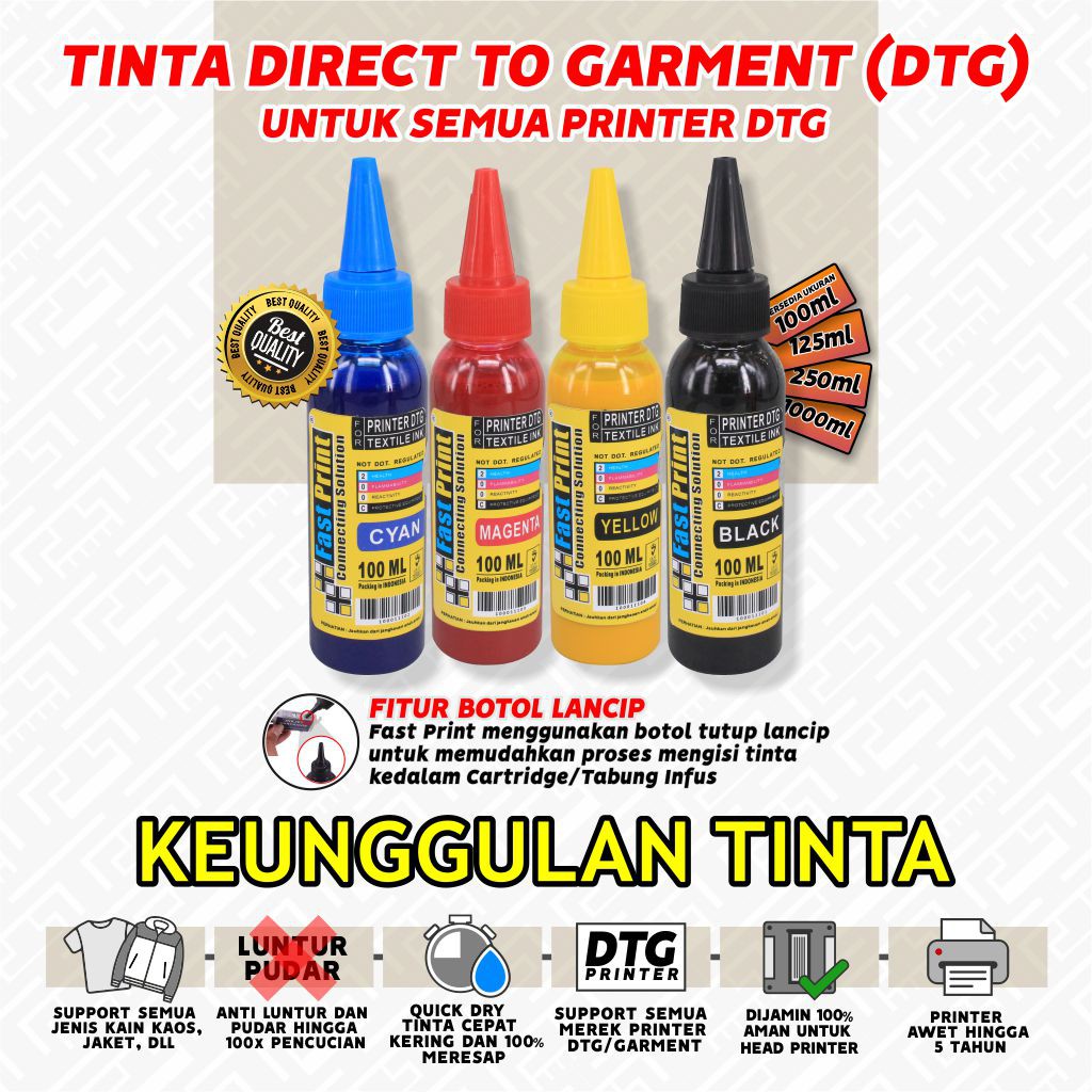 Tinta DTG Direct To Garment Textile Kaos 100ML Printer DTG
