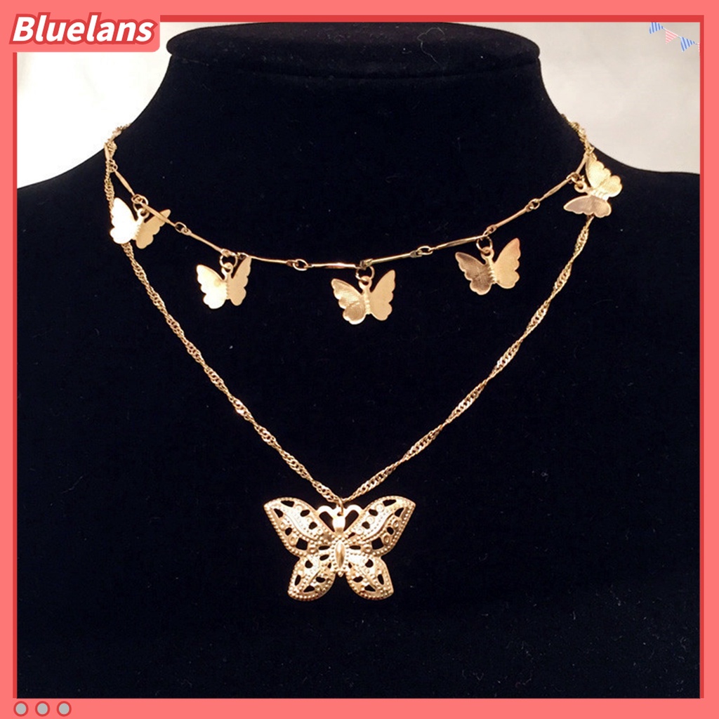 Bluelans Kalung Rantai Choker Klavikula 2 Lapis Dengan Liontin Kupu-Kupu Untuk Wanita