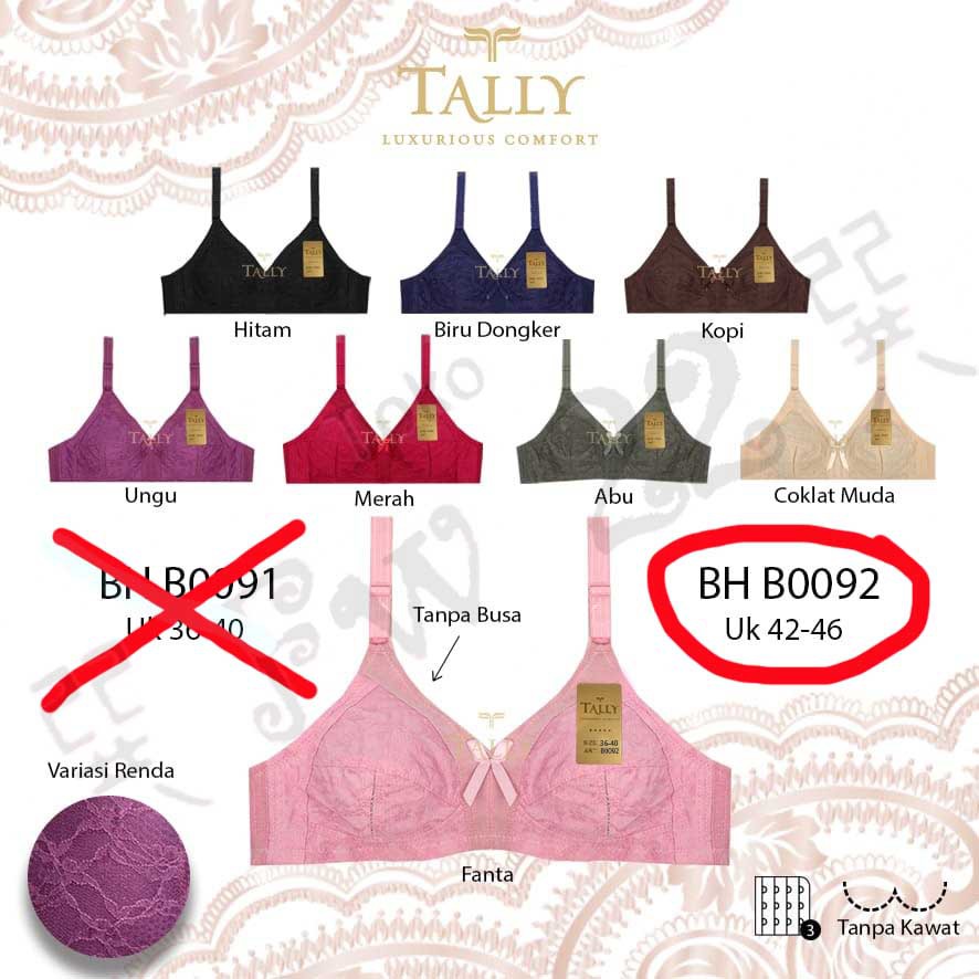 Bra Tally Jumbo B0092 BH model lace cantik dengan ukuran besar tanpa Busa dan Kawat Sampai Ukuran 46