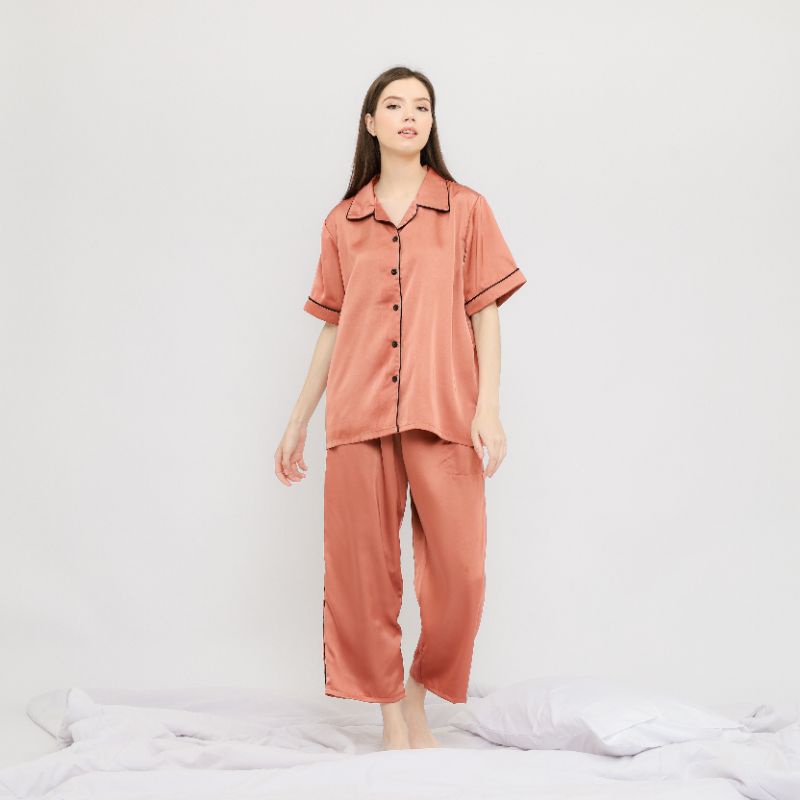 Piyama Satin | Silk Pajamas | Satin Comfort Set | Celana Panjang | Warna Bronze