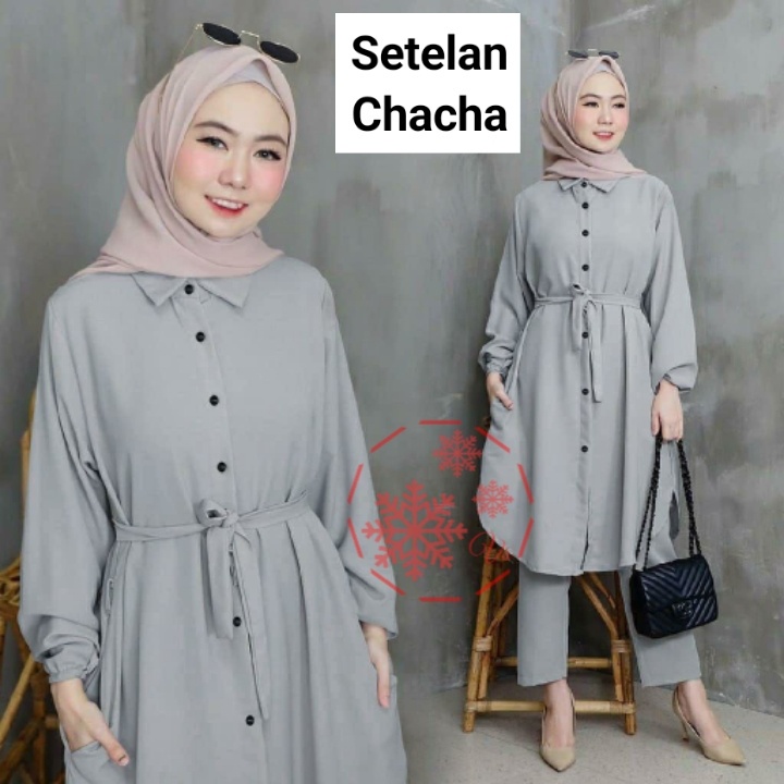 AR 55 stelan chacha set Setelan bahan moscrepe Atasan tunik ada kerah n kancing depan hidup tangan k