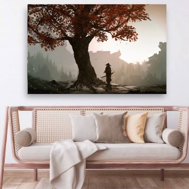 Poster cetak hiasan dinding jumbo gambar pemandangan bunga sakura dan samurai ukuran 100x70cm dan 20