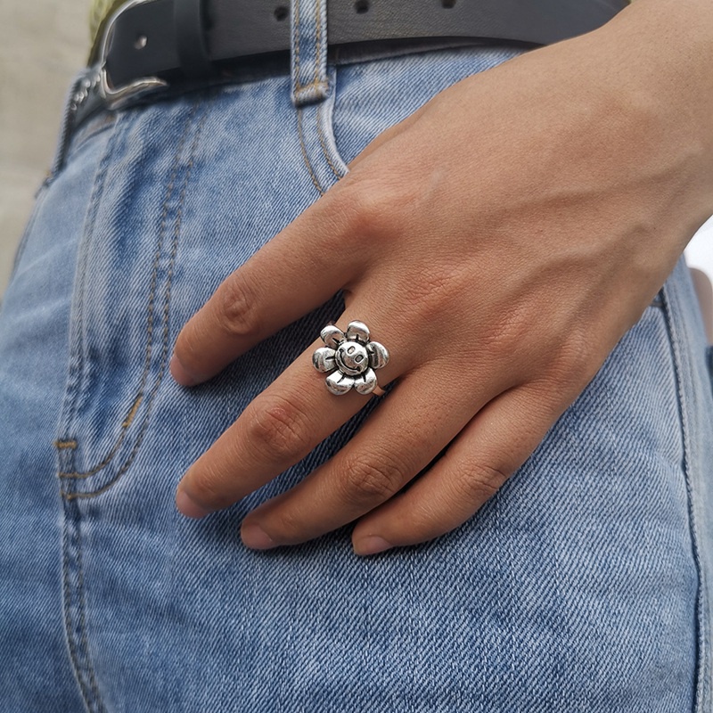 Fancyqube Cincin Desain Tengkorak Hati Bunga Malaikat Warna Silver Gaya Hip Hop Untuk Wanita