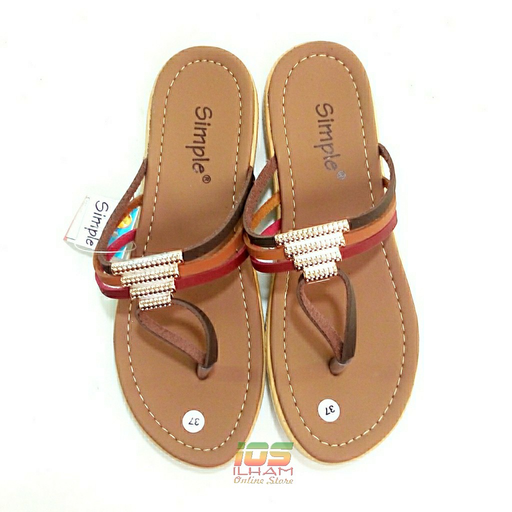 Sandal Wanita Jepit Flat Simple 3 Tali Hak 2cm Size 37-40 Coklat