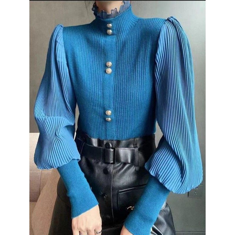 MDLV ~ K1654 DARCY PLEATED SLEEVE KNIT TOP KOREA BLOUSE CEWEK BLOUSE RAJUT PREMIUM FASHION IMPORT