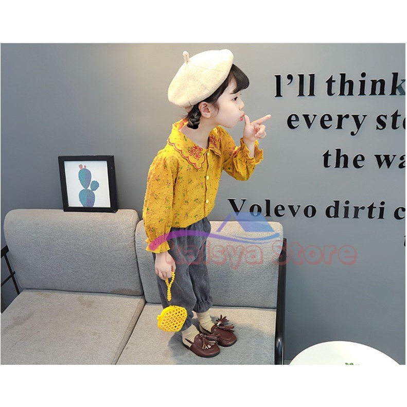 Baju setelan anak cewek kemeja+celana panjang motif KERAH BORDIR BUNGA ORI IMPORT