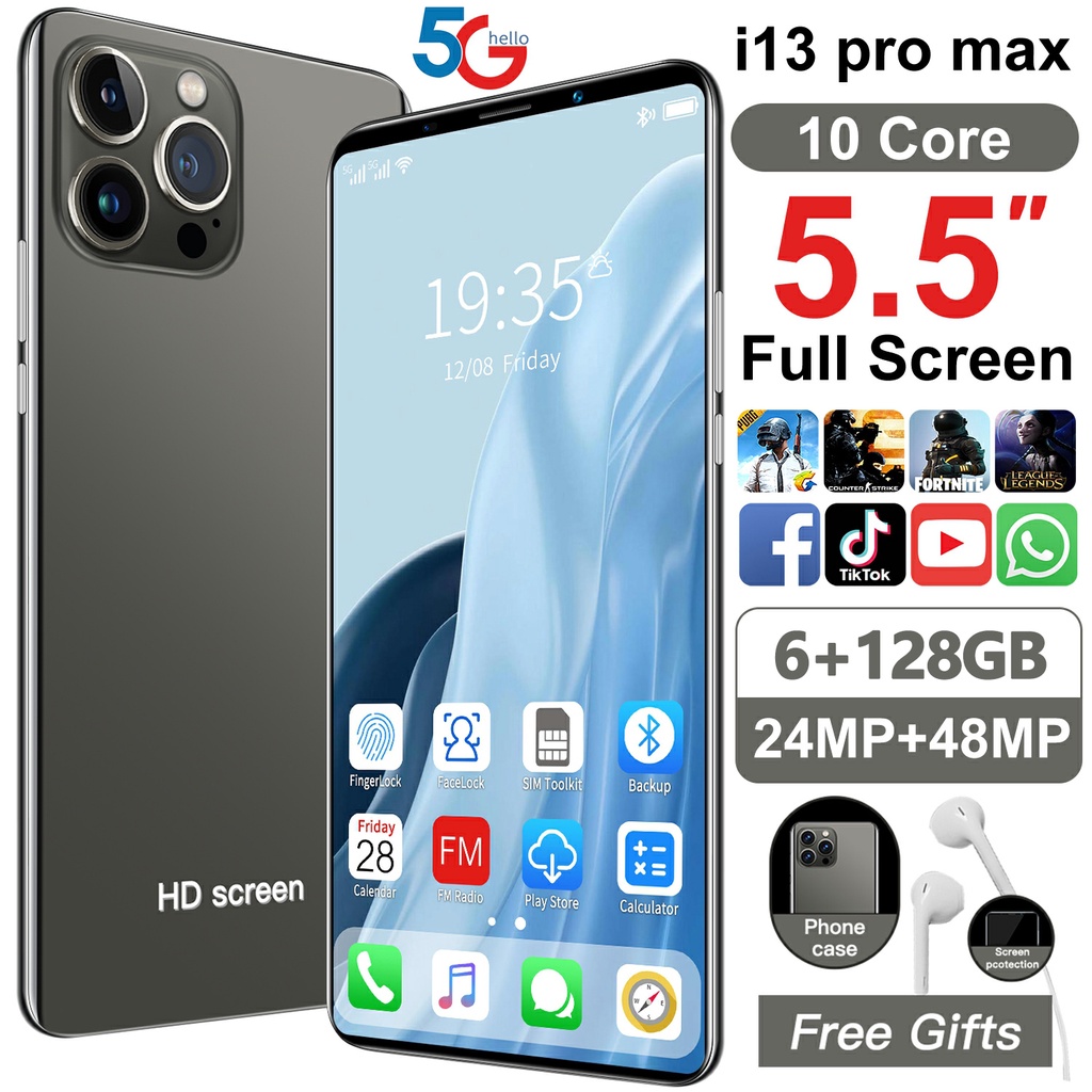 Original promo HP Murah Smartphone i13 Pro max Global Ponsel Pintar 6GB + 128 GB Versi Global 5.5 Inci Bluetooth Dual SIM Sidik Jari Membuka