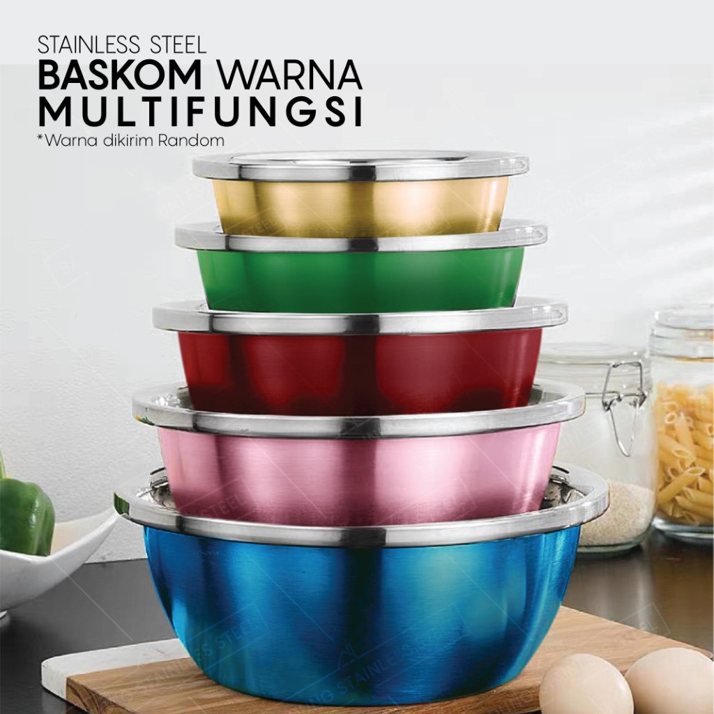 Baskom Warna 22cm 24cm Random Multi Fungsi Cuci Sayur Wadah Makanan Mixing Adonan Stainless