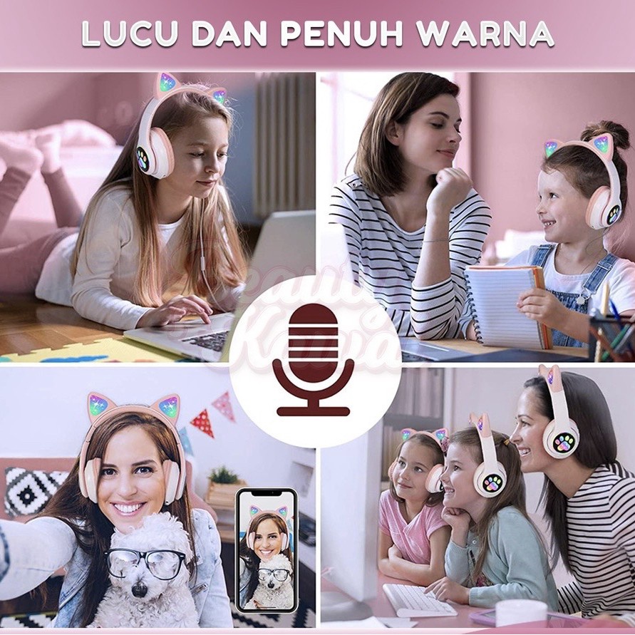 Headphone kuping kucing bando wireless bluetooth cat ear LED light rechargeable warna macaron anak