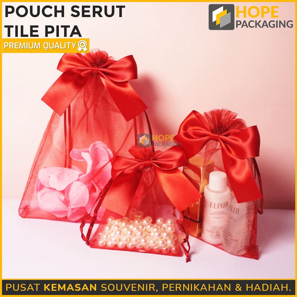 

[3 PCS ] Pouch Serut Tile Pita Merah pouch tranparant Untuk souvenir Lebaran / idul fitri / Kantong Pouch Manik Manik