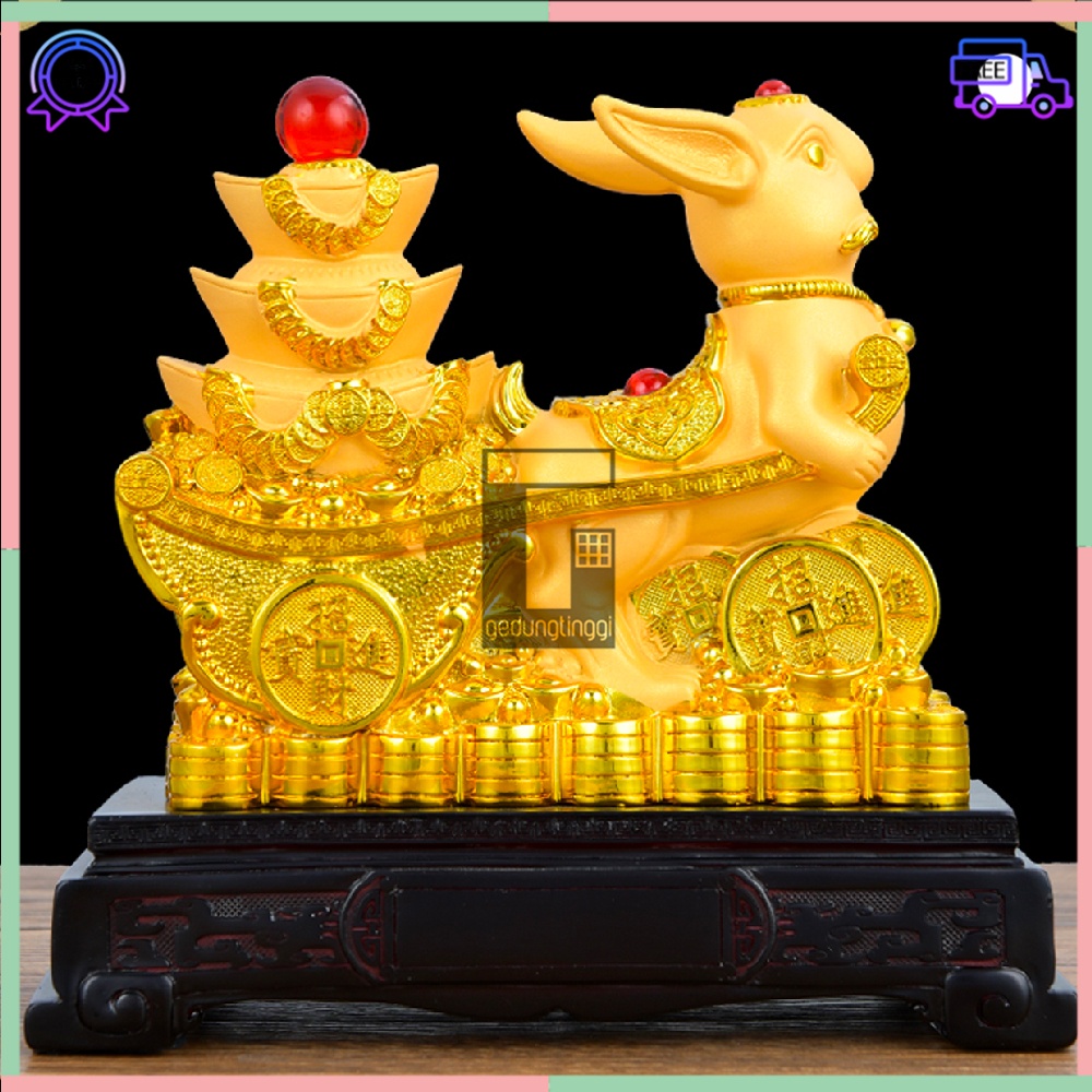 Pajangan Patung Hiasan Dekorasi Kado Hadiah Imlek Sincia Feng Shui Shio Sio Sheshio Hewan 12 Animal Zodiak Bintang Rabbit Rejeki Keberuntungan Fengshui Tahun Baru Cina Sio Kelinci Yenpao Yuanbao Kantong Uang Duit 2023 Gold Emas Kuningan Doff Besar Jumbo