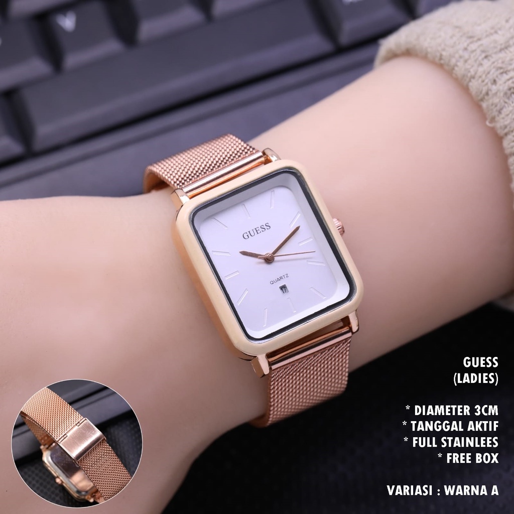 (BISA COD) JAM TANGAN WANITA GUESS RANTAI PASIR BODY SEGI TANGGAL AKTIF