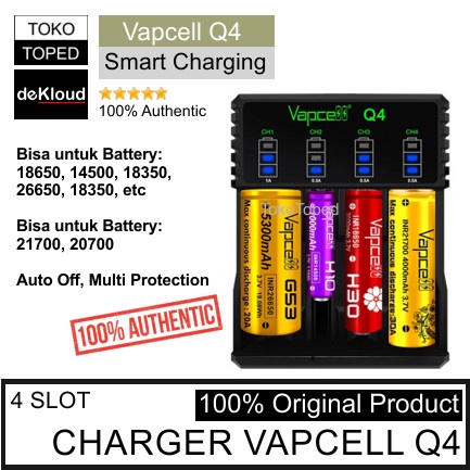 Authentic VAPCELL Q4 Battery Charger | 4 slot baterai batre li-ion lithium 18650 21700  26650 cas