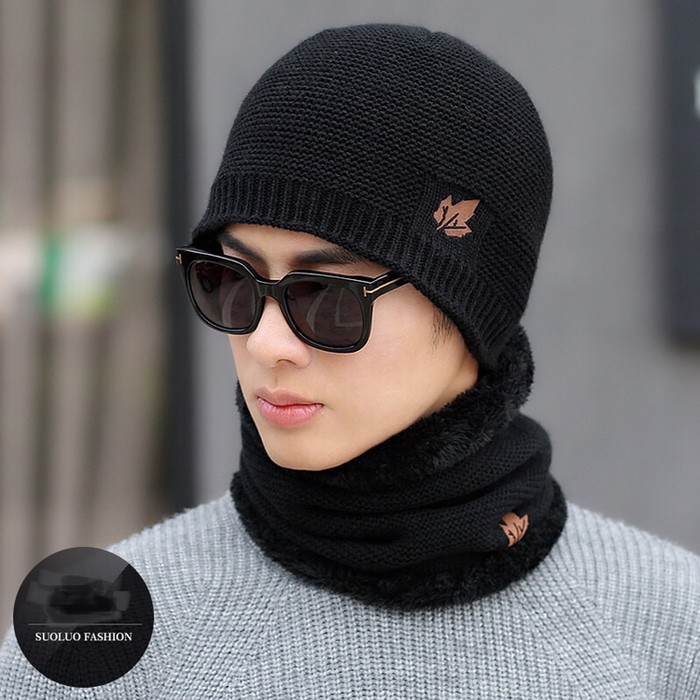 Set Topi Kupluk Tebal Lapis Bulu Winter Beanie Hat Kupluk DAUN