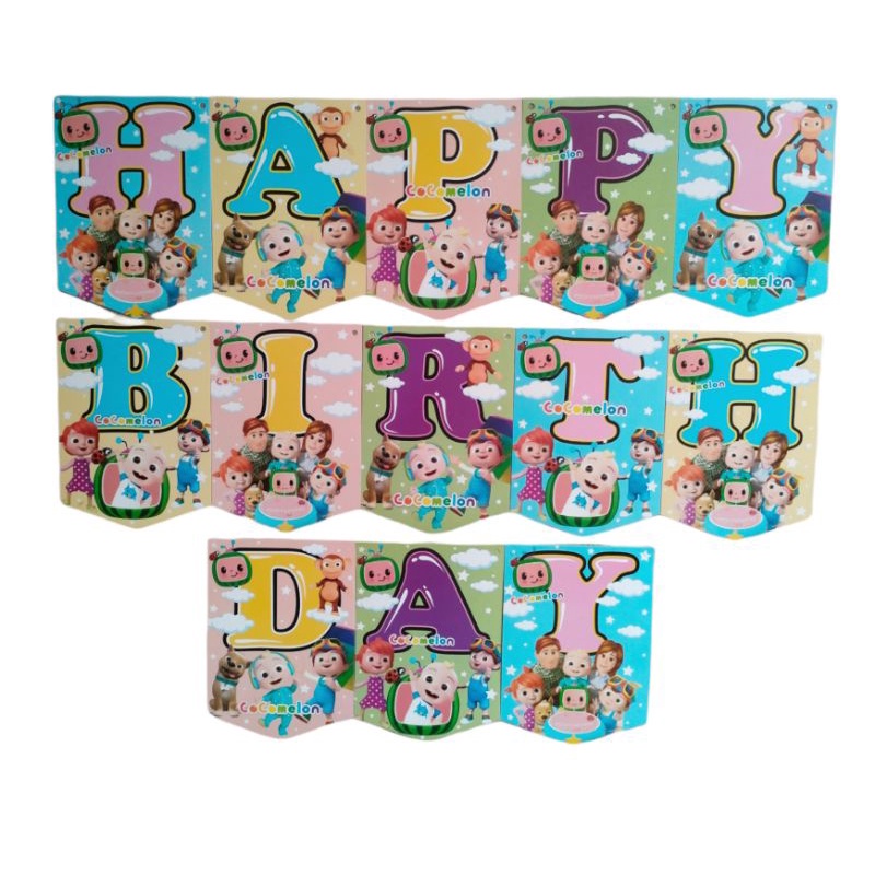 banner flag bendera bunting flag garland flag ulang tahun happy birthday karakter cocomelon COCOMELO