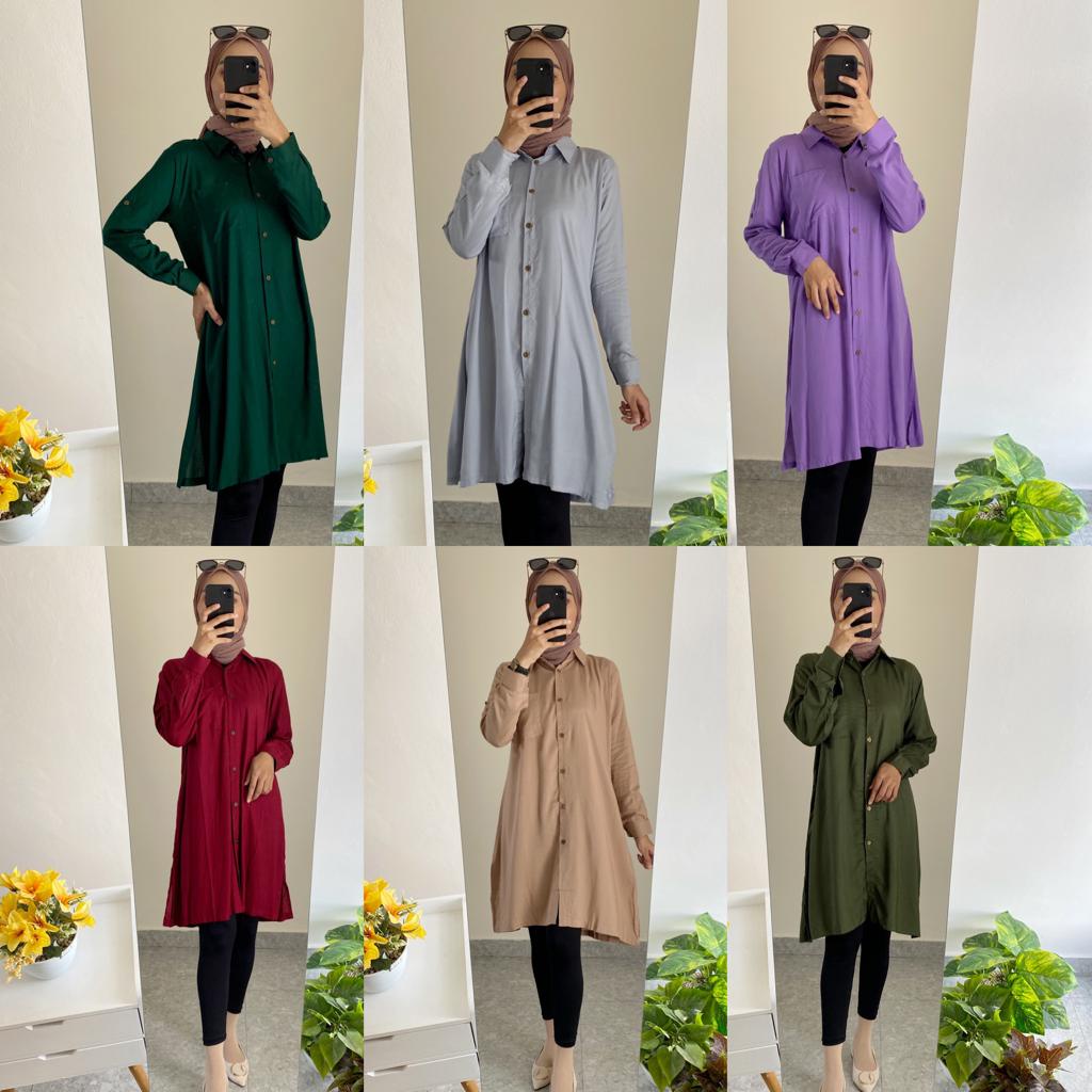 SIMPLE LONG TUNIK POLOS PART 2 ATASAN KEMEJA WANITA LENGAN PANJANG BAHAN KATUN RAYON VISCOSE COTTON 
