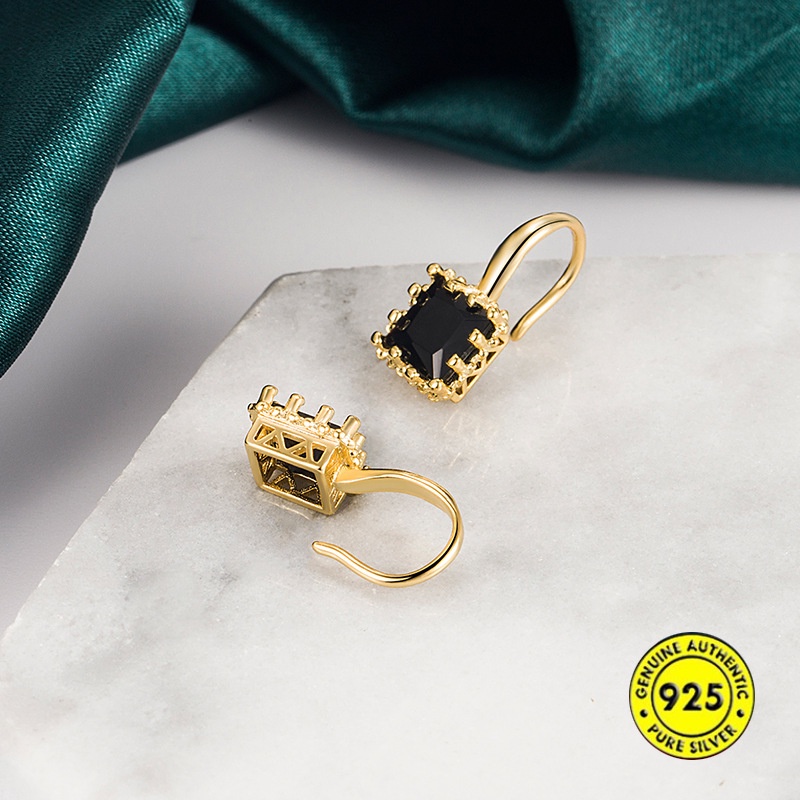 Anting Sterling Silver Bentuk Persegi Aksen Zircon Gaya Retro Perancis