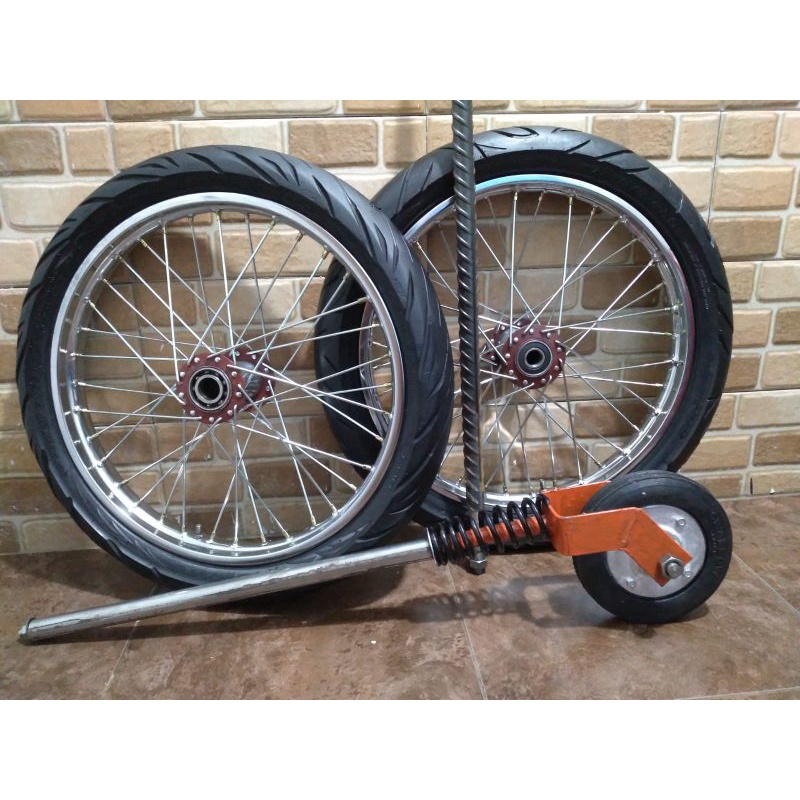 Roda Gerobak Dorong Model jeruji ring 17 satu set as + roda Gletrek tinggal pasang