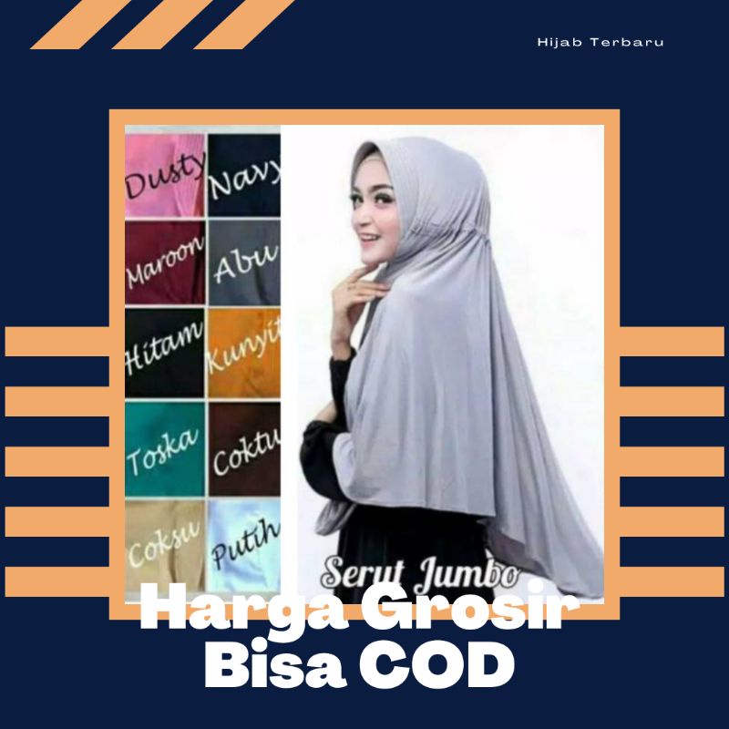 Jilbab Instan Serut Jokowi Jumbo Jersey Warna Dusty pink Navy Maroon Abu Hitam Kunyit Tosca Coklat t