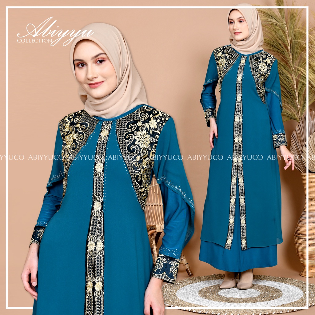 Abiyyuco TA9012 | Abaya Turkey / Abaya Turki / Abaya Hitam / Abaya Warna / Abaya Jersey mix Ceruty, dengan aplikasi bordir renda dan mote swarovsky, ready warna hitam, maroon, hijau botol, navy, coklat, biru toska, lemon, dan kuning kunyit