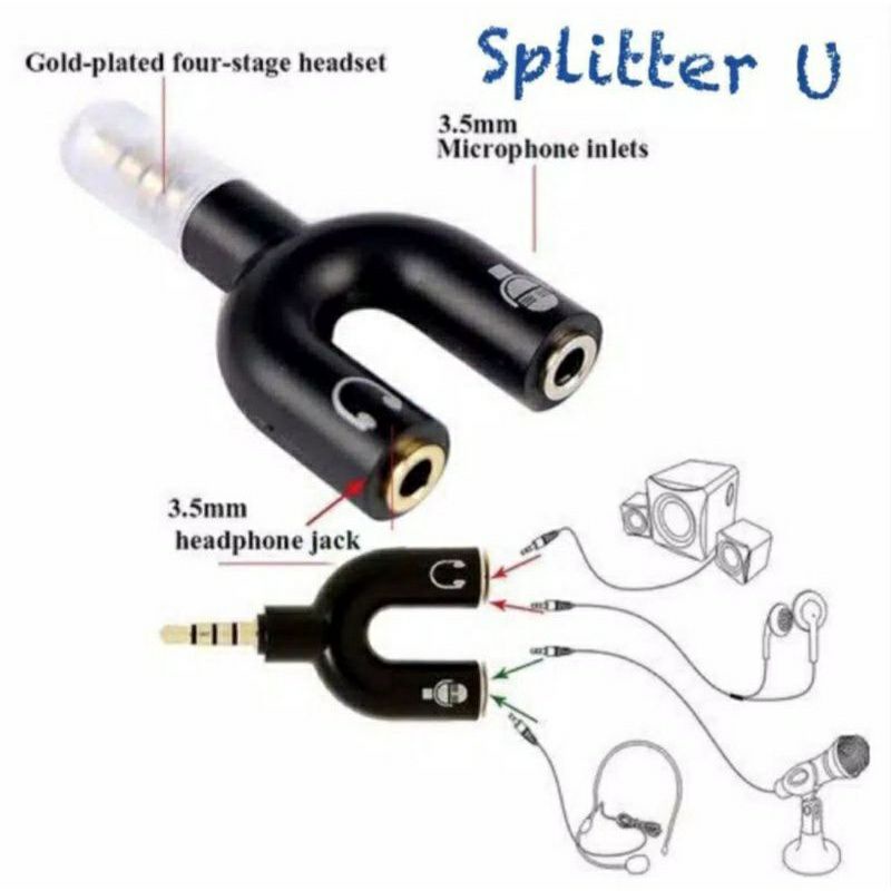 Spliter Audio Shape U 3.5mm ke Headphone &amp; Mic Jack AudioMale Ke Dual Female 2 in 1