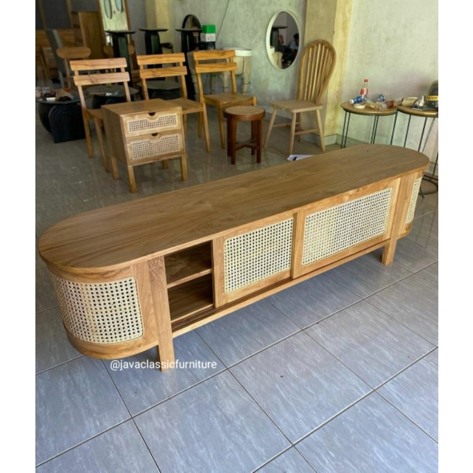 BUFET TV CUSTOM ROTAN MEJA CABINET OVAL BAHAN KAYU JATI PANJANG 2 METER-2
