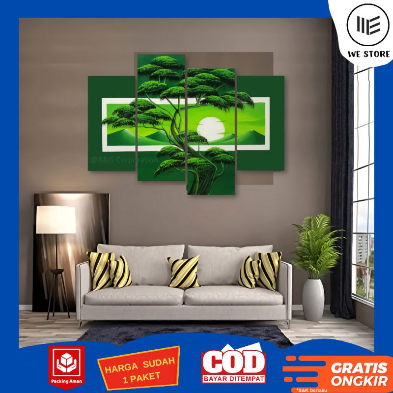 HIASAN DINDING 1 SET 4 PCS / Lukisan Hijau / PEMANDANGAN DEKORASI RUMAH / PAJANGAN KAMAR Tidur LUKIS