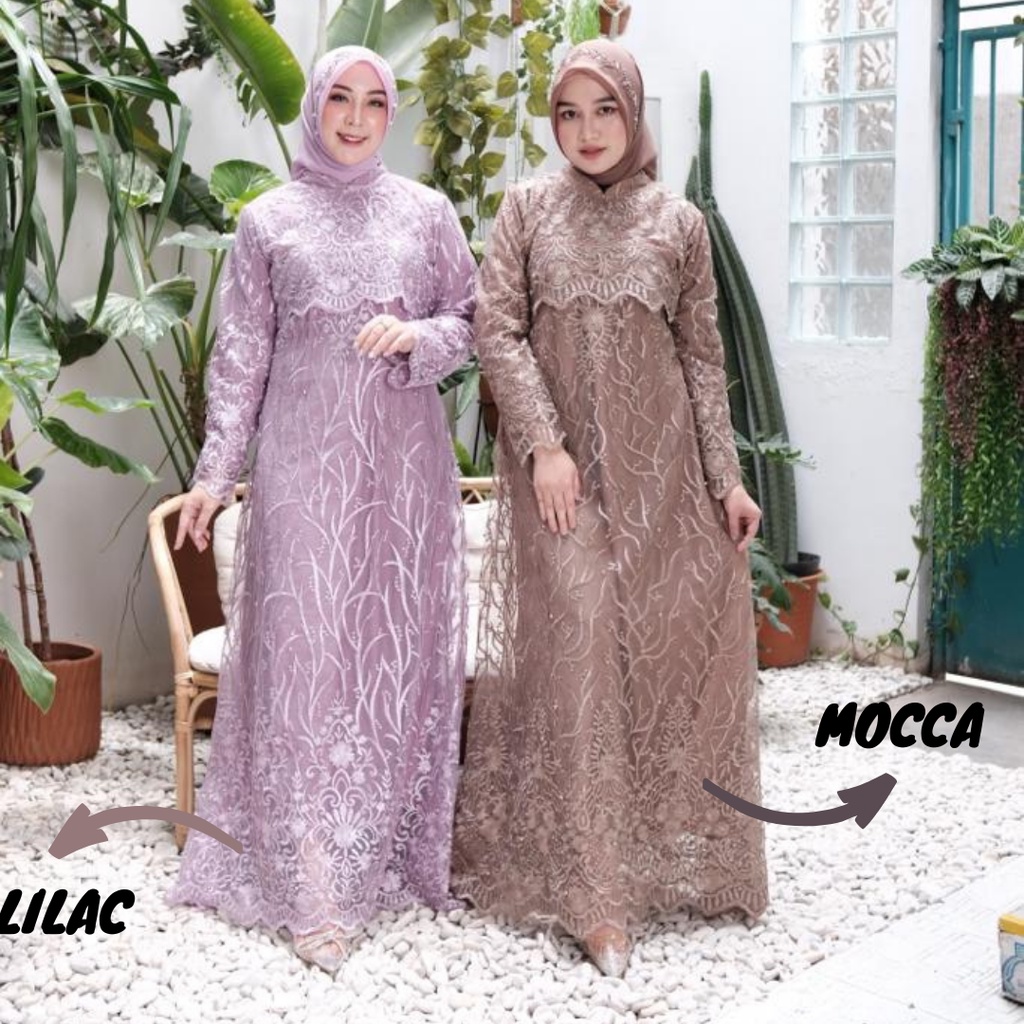 GAMIS WANITA / DRESS MUSLIM / ABAYA HARI RAYA/ TULLE / TILLE RAMPEL FULL FURING MOCCA DAN ANEKA PILIHAN WARNA